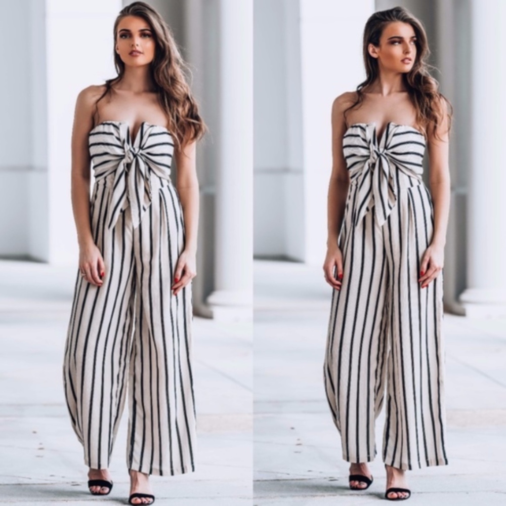 022 Boho Striped Front tie Wide Leg Jumpsuit